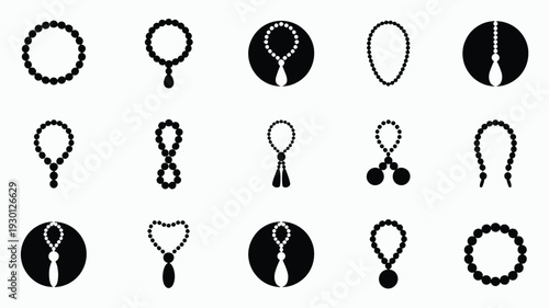 Collection of black prayer beads tasbi in various styles and designs on gray background