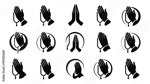 Praying hands icons in various poses and circular frames on white background for spirituality and wellness concepts