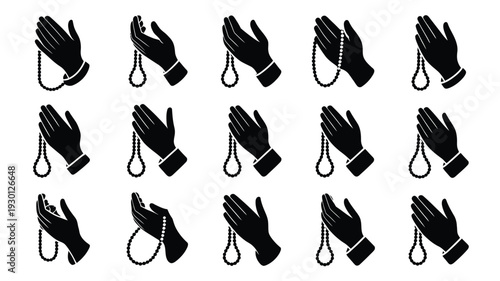 Collection of black vector hand icons with wrist cuffs and chains on white background symbolizing bondage and freedom concepts