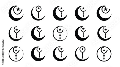 Vector design set of 12 crescent moon and star symbols with keys black icons on white background for ramadan or islamic celebrations decorative elements