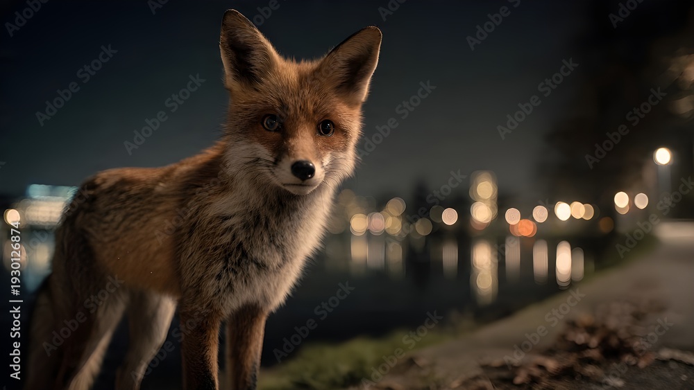 Fototapeta premium Red Fox Standing Near River at Night with City Bokeh Lights Background