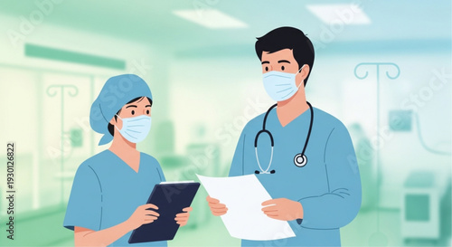 Medical professionals in blue scrubs and masks discuss patient records in a hospital setting with greenish lighting