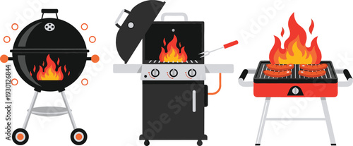 Set of outdoor BBQ grills including charcoal kettle gas grill and portable tabletop styles with flames and sausages flat vector illustration.