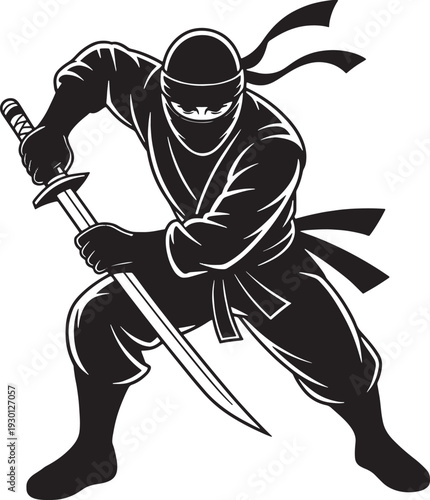 Ninja warrior silhouette holding katana sword in action pose for martial arts design concept