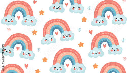 Cute rainbow and smiling clouds seamless pattern vector with hearts and pastel nursery background design