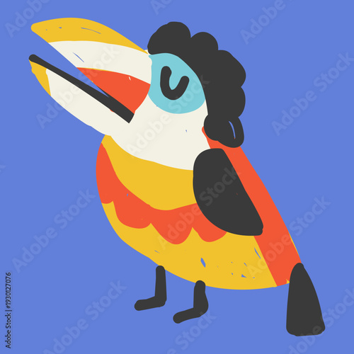 Flat vector illustration of curl crested aracari toucan with curly crest and large beak standing calmly with eyes closed in tropical playful style.