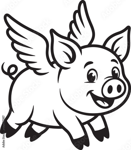 Cute flying pig character with wings and happy expression for children coloring book or logo