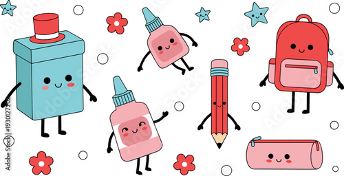 Cute school supplies vector set with glue, pencil, backpack and kawaii stationery cartoon characters