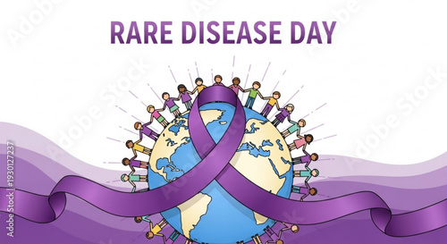 People around globe holding hands rare disease day awareness purple ribbon