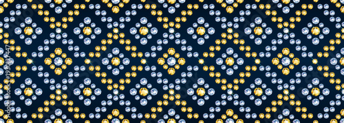 Horizontal seamless geometric pattern of white and yellow gemstones on a blue background. Jewelry design. Vector