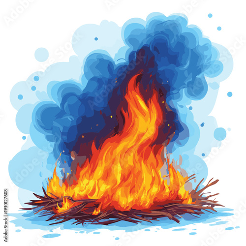 Controlled Burn of Debris with Bright Orange Flames and Blue Smoke , vector style simple color