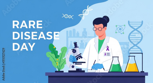 Scientist in lab coat researching rare disease with microscope and dna helix on rare disease day