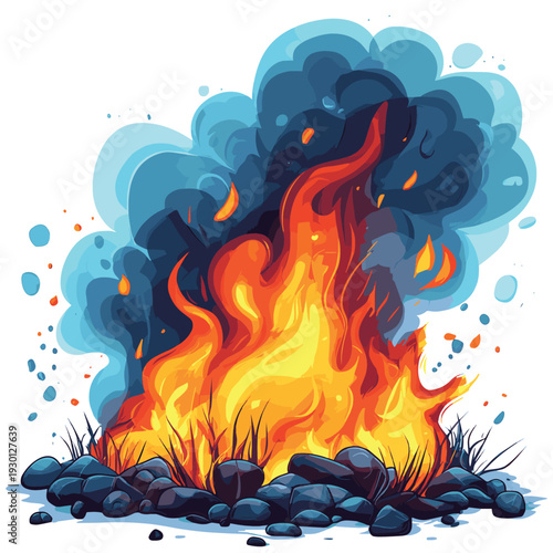 Controlled Burn of Debris with Bright Orange Flames and Blue Smoke , vector style simple color