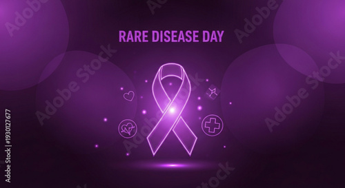 Purple ribbon awareness symbol for rare disease day with glowing effect and purple background