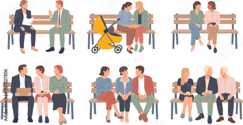 People sitting on park bench, couples and parents with stroller isolated on white background
