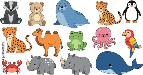 Cute wild and ocean animals vector set with leopard, seal, penguin, whale, rhino and cartoon safari characters