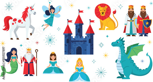 Fairytale kingdom vector set with blue castle dragon unicorn mermaid fairy wizard and royal characters for children's storybook and fantasy designs.