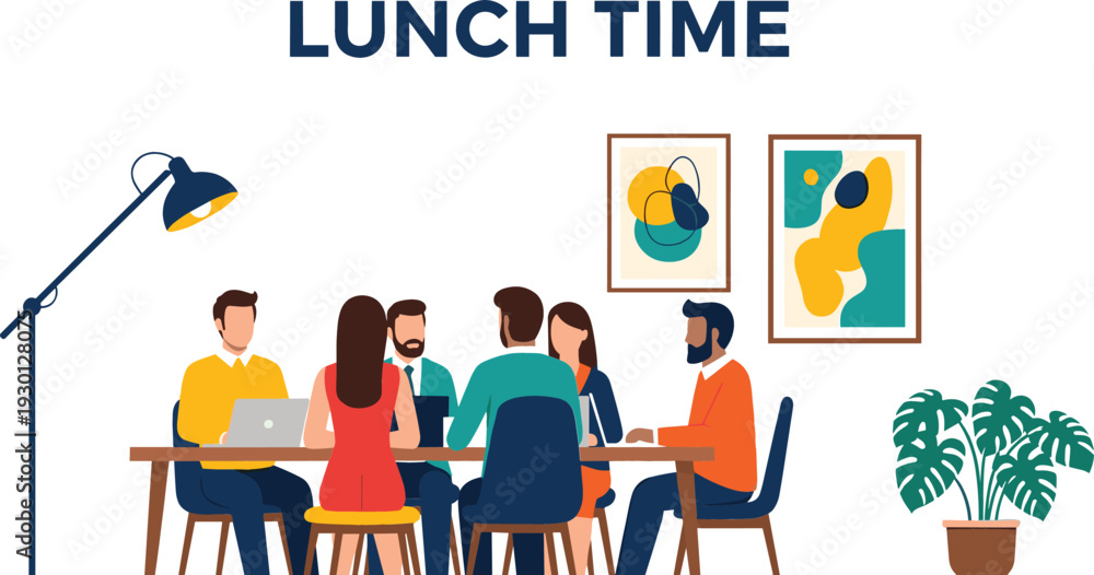Naklejka premium Diverse office colleagues sitting at a table together for lunch break in modern workspace with houseplants and abstract wall art flat vector illustration.