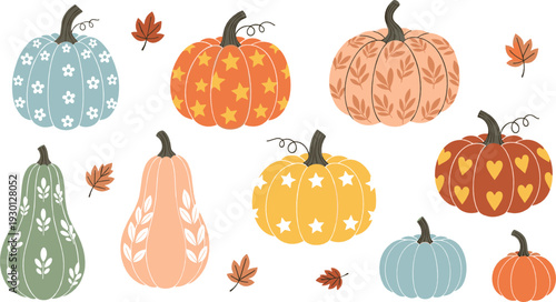 Decorative autumn pumpkins vector set with patterned gourds and fall leaves in pastel colors