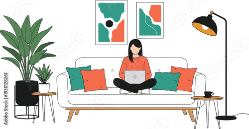 Woman working on laptop at home sitting on sofa in cozy modern living room with houseplants floor lamp and abstract wall art flat vector illustration.