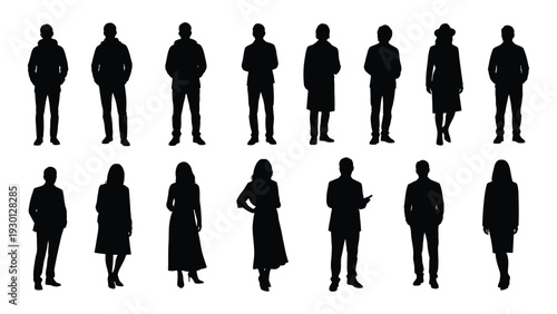 A group of people standing in two rows of silhouettes isolated on white background, Vector