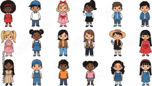 Diverse children cartoon characters vector set with boys and girls in casual outfits isolated on white background