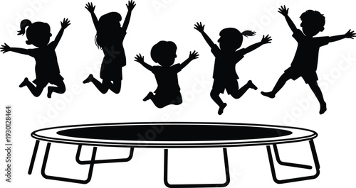 Black silhouettes of happy children jumping on a trampoline, kids playing together, outdoor backyard fun, isolated vector illustration.