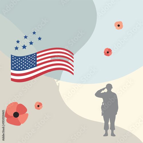 Illustration of poppies, flag, stars, and saluting silhouette