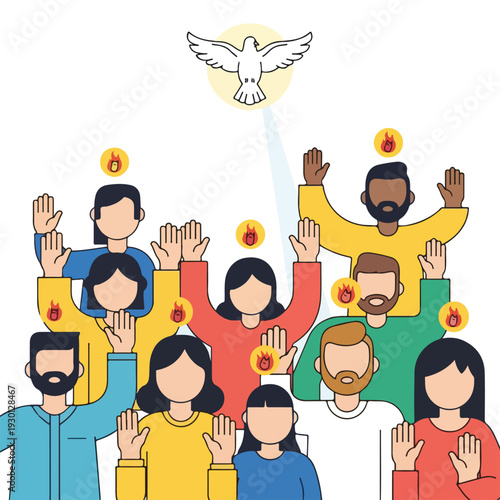 Illustration of people with hands raised, bird above, fire icons