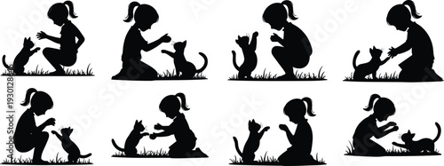Black silhouettes set of a little girl playing with her cat, pet care, childhood friendship, isolated vector illustration.