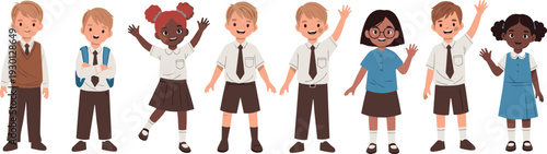 Diverse school children in uniform standing and waving, multicultural elementary students cartoon vector character set illustration