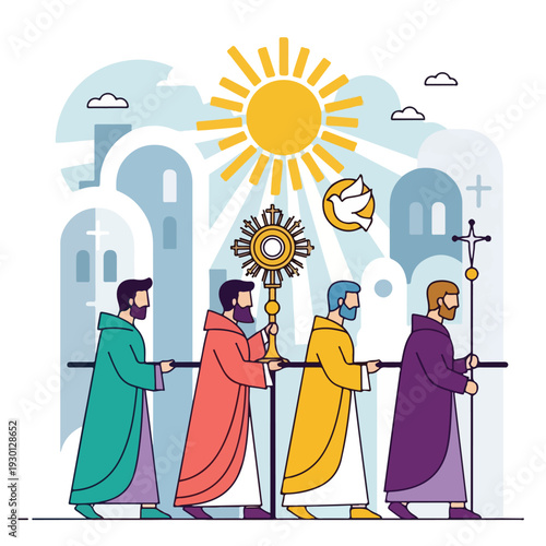 Illustration of robed figures carrying religious symbols