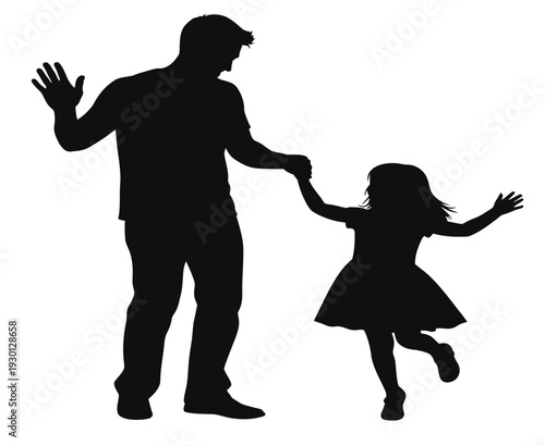 A silhouette of a man and a little girl holding hands