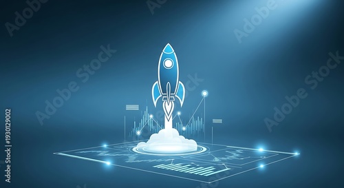 A digital visualization features a rocket launching from a platform, with data and a glowing blue backdrop, representing growth