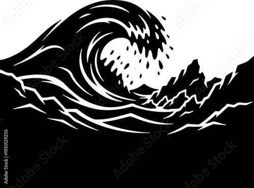 Powerful Ocean Wave Crashing on Rocks Black White Illustration