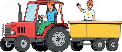 Farmer driving red tractor with trailer and agricultural worker waving, farming teamwork and rural transportation flat vector illustration