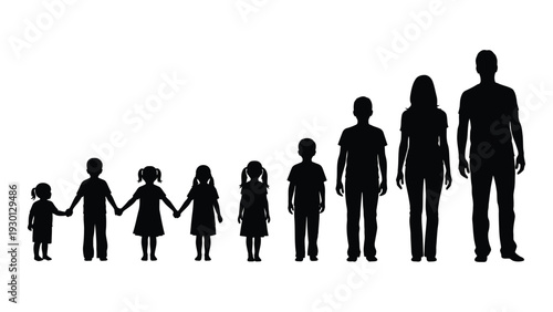 A family of eight people standing in a line from smallest to largest isolated on white background, Vector