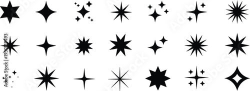 Black sparkle and star icons set, shining light effects, glitter burst symbols, magic twinkle elements, isolated vector illustrations.