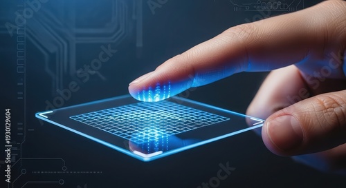 A person using a hand to hold a touchpad tablet pc on a blue background while working with online technology and business communication network equipment