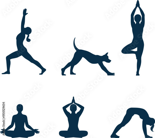 Black yoga silhouettes set with woman and dog in various poses, meditation, stretching, wellness, exercise, isolated vector illustration.