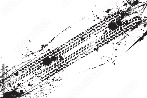 Black tire track vector with ink splatter and grunge effect on white background.Abstract racing tire track silhouette with paint drips and speed concept.