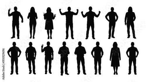 A group of people standing in different poses isolated on white background, Vector