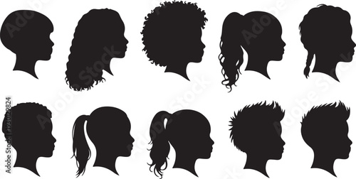Kids profile silhouettes diverse children hairstyles vector illustration