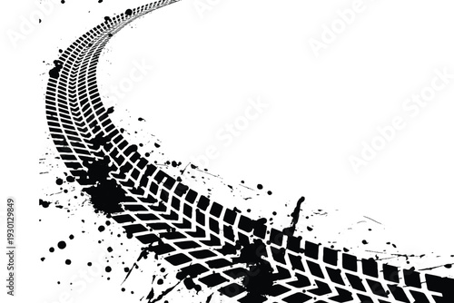 Black tire track vector with ink splatter and grunge effect on white background.Abstract racing tire track silhouette with paint drips and speed concept.