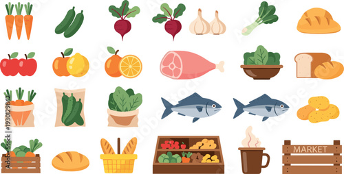 Fresh farm market food vector set with vegetables, bread, fish, meat and organic grocery products illustration