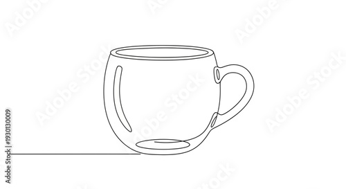 Minimalist single line drawing of a coffee cup with handle on white background