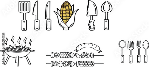 Hand Drawn BBQ Grill and Cooking Utensils Vector Set with Corn, Sausage, Skewers and Kitchen Tools Illustration