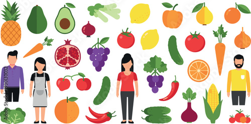 Fresh fruits and vegetables set with people – healthy food, farm produce and vegetarian lifestyle illustration