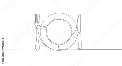Minimalist single line drawing of a plate with fork and knife, ready for a meal.