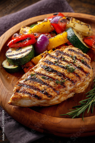 Grilled chicken breast served with roasted potatoes and cherry tomatoes